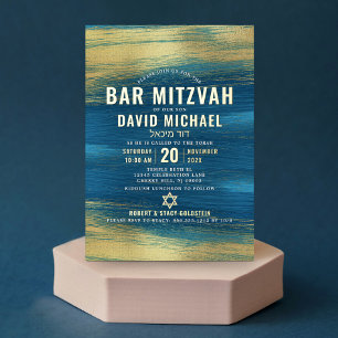 Bar Mitzvah Modern Bold Type Turquoise Real Gold Foil Invitation