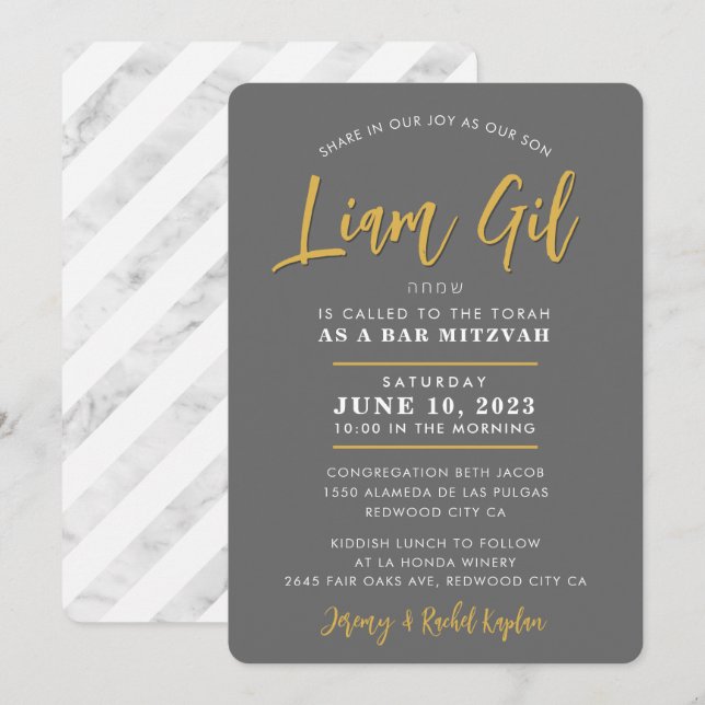BAR MITZVAH modern calligraphy grey faux gold Invitation (Front/Back)