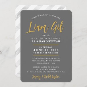 BAR MITZVAH modern calligraphy grey faux gold Invitation