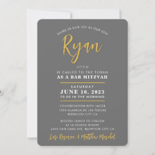 BAR MITZVAH modern calligraphy grey faux gold Invitation