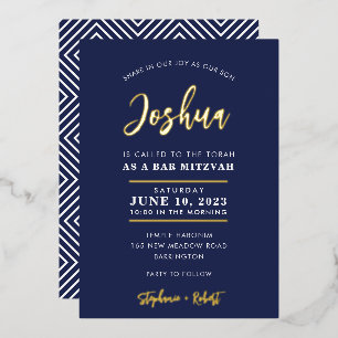 BAR MITZVAH modern calligraphy navy gold Foil Invitation