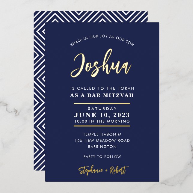 BAR MITZVAH modern calligraphy navy gold Foil Invitation (Front/Back)