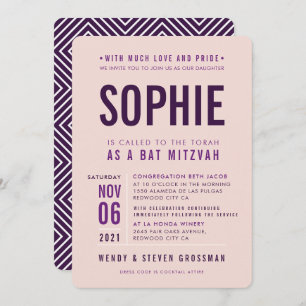 BAR MITZVAH modern chic type aubergine blush pink Invitation