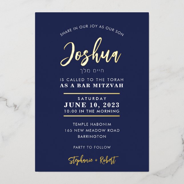 BAR MITZVAH modern classy calligraphy navy gold Foil Invitation (Front)