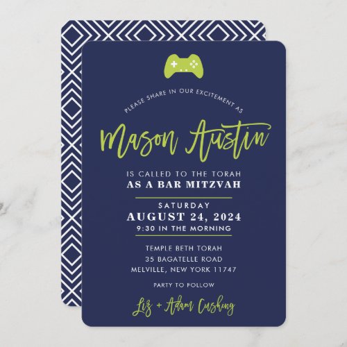 Bar Mitzvah modern contoller gamer navy lime MASON Invitation