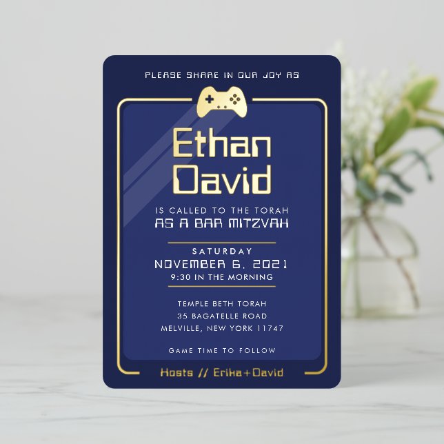 BAR MITZVAH modern cool gaming controls navy blue  Foil Invitation (Standing Front)