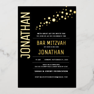 Bar Mitzvah Modern Elegant Black REAL GOLD Foil In Invitation