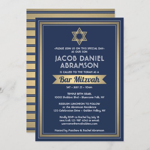 Bar Mitzvah Modern Elegant Navy Blue White  Gold Invitation