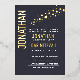 Bar Mitzvah Modern Elegant REAL GOLD Stars Foil Invitation