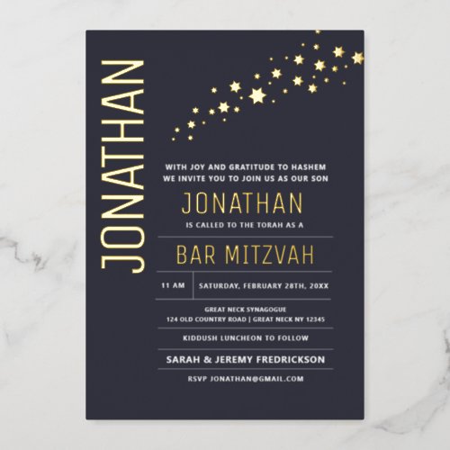 Bar Mitzvah Modern Elegant REAL GOLD Stars Foil Invitation