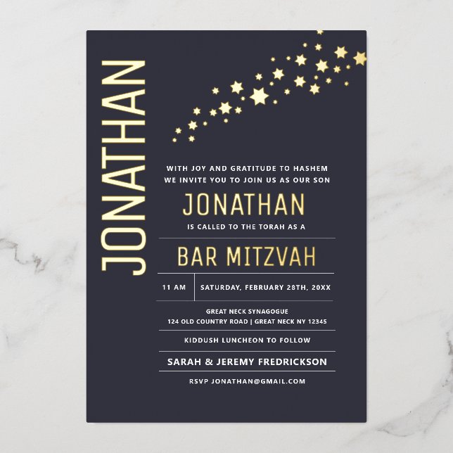 Bar Mitzvah Modern Elegant REAL GOLD Stars Foil Invitation (Front)