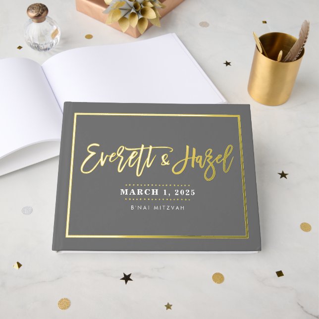 BAR MITZVAH modern faux gold name calligraphy GREY Foil Guest Book (Front Open)