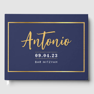 BAR MITZVAH modern faux gold name calligraphy navy Guest Book