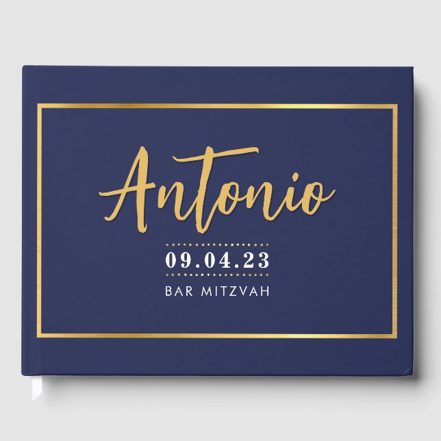 BAR MITZVAH modern faux gold name calligraphy navy Guest Book (Front)