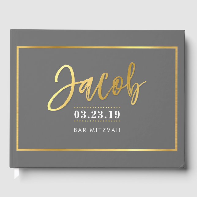 BAR MITZVAH  modern faux gold on gray for JACOB Guest Book (Front)