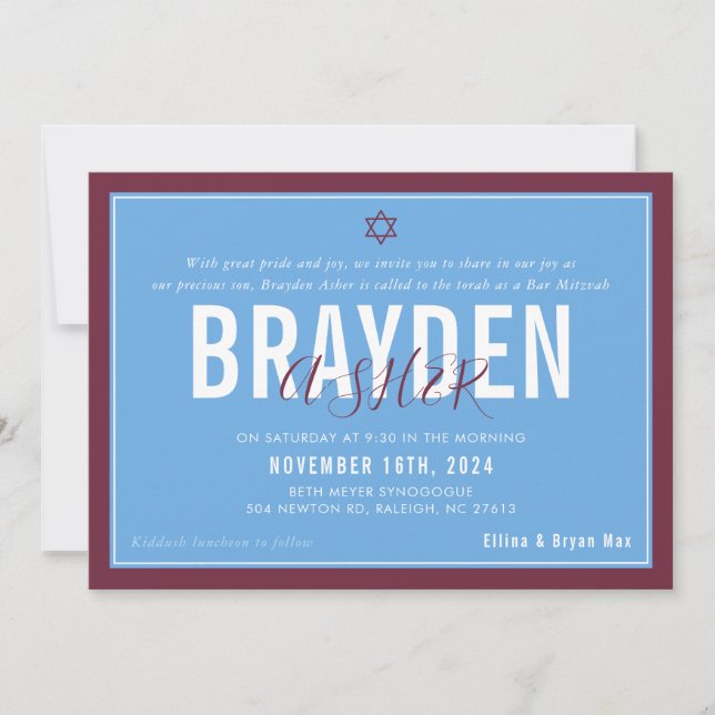 BAR MITZVAH modern football blue maroon ELLINA Invitation (Front)