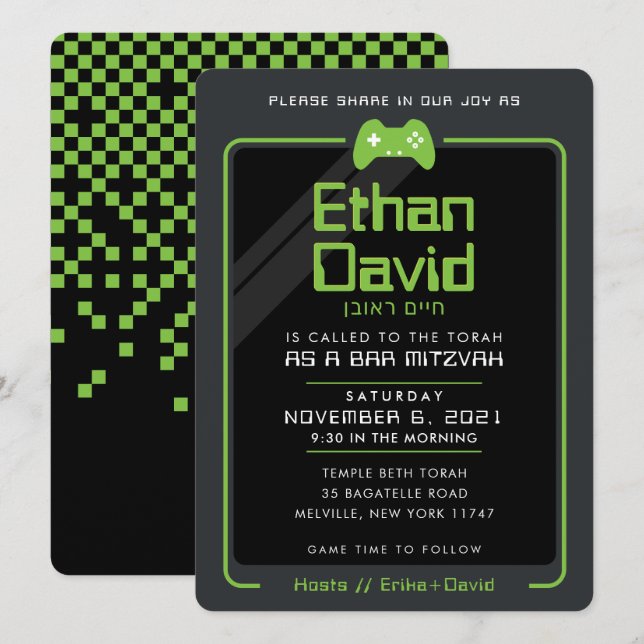 BAR MITZVAH modern gamer control black green 2 Invitation (Front/Back)
