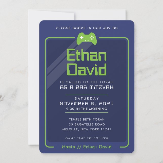 BAR MITZVAH modern gamer control navy neon green 2 Invitation (Front)