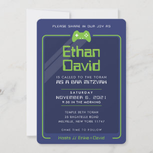 BAR MITZVAH modern gamer control navy neon green 2 Invitation