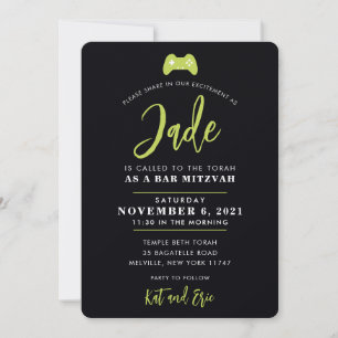 BAR MITZVAH modern gaming control black lime green Invitation