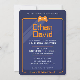 BAR MITZVAH modern gaming control navy blue orange Invitation
