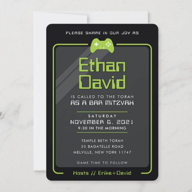 BAR MITZVAH modern gaming controls black green Invitation (Front)