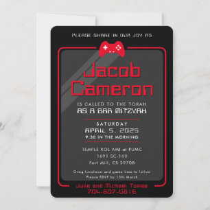 BAR MITZVAH modern gaming controls cool black red Invitation