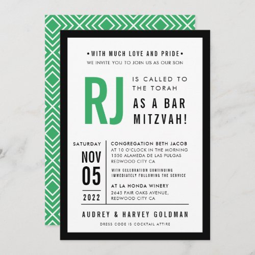 BAR MITZVAH modern geometric kelly green black Invitation