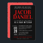 BAR MITZVAH modern geometric stack black red Invit Invitation<br><div class="desc">by kat massard >>> WWW.SIMPLYSWEETPAPERIE.COM <<< - - - - - - - - - - - - CONTACT ME to help with balancing your type perfectly Love the design, but would like to see some changes - another color scheme, product, add a photo or adapted for a different occasion...</div>