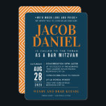 BAR MITZVAH modern geometric stack blue orange Invitation<br><div class="desc">by kat massard >>> WWW.SIMPLYSWEETPAPERIE.COM <<< - - - - - - - - - - - - CONTACT ME to help with balancing your type perfectly Love the design, but would like to see some changes - another color scheme, product, add a photo or adapted for a different occasion...</div>