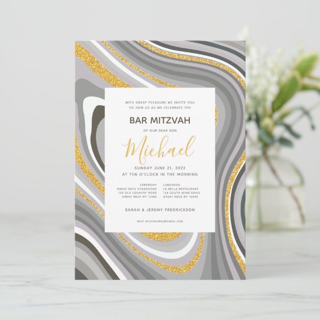Bar Mitzvah Modern Glitter Agate Invitation (Standing Front)
