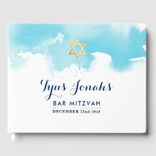 BAR MITZVAH modern gold star aqua blue watercolor Guest Book