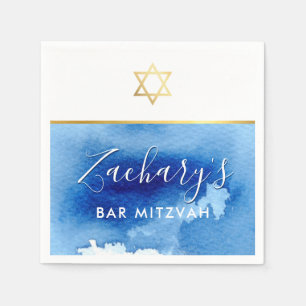 BAR MITZVAH modern gold star smart blue watercolor Napkins