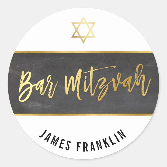 BAR MITZVAH modern gray chalkboard gold writing Classic Round Sticker (Front)