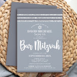 Bar Mitzvah Modern Gray Silver Tallit Simple Bold Invitation<br><div class="desc">Be proud, rejoice and showcase this milestone of your favorite Bar Mitzvah! Send out this cool, unique, modern, personalized invitation for an event to remember. Bold, white script typography, Star of David and a soft gray and silver glitter striped tallit inspired graphic overlay a simple, lighter soft gray background. Personalize...</div>