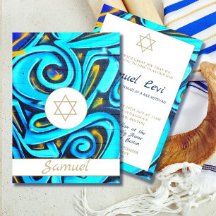 Bar Mitzvah Modern Jewish Blue Pattern Invitation