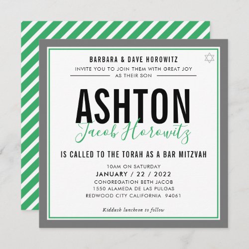 BAR MITZVAH modern masculine green gray sport Invitation