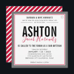 BAR MITZVAH modern masculine red black sport Invit Invitation<br><div class="desc">by kat massard >>> kat@simplysweetPAPERIE.com <<< CONTACT ME for custom wording or to add any lines in Hebrew Love the design, but would like to see some changes - another color scheme, product, add a photo or adapted for a different occasion - no worries simply contact me - I am...</div>