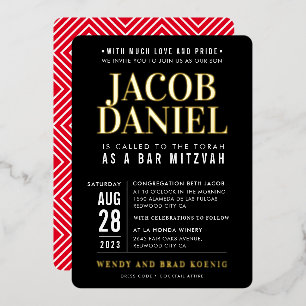 BAR MITZVAH modern minimal bold boy black red Foil Invitation