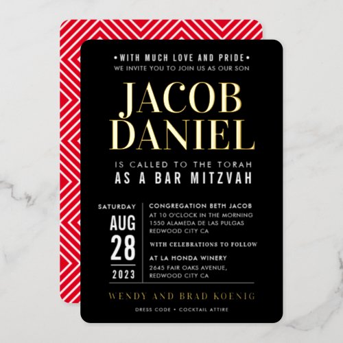 BAR MITZVAH modern minimal bold boy black red Foil Invitation