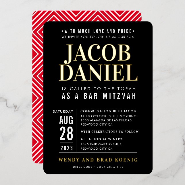 BAR MITZVAH modern minimal bold boy black red Foil Invitation (Front/Back)