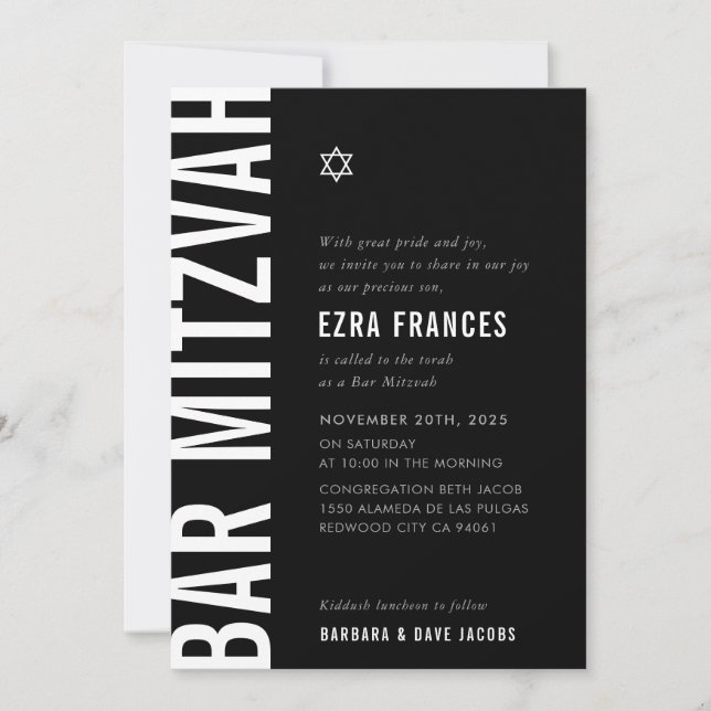 BAR MITZVAH modern minimal bold boy black white Invitation (Front)