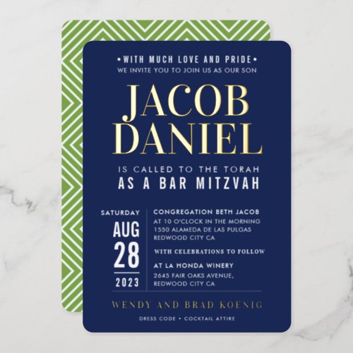 BAR MITZVAH modern minimal bold navy blue green Foil Invitation