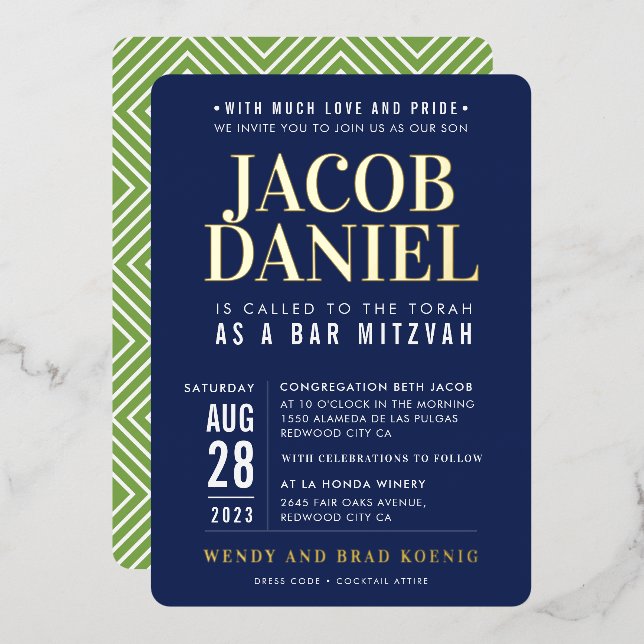 BAR MITZVAH modern minimal bold navy blue green Foil Invitation (Front/Back)