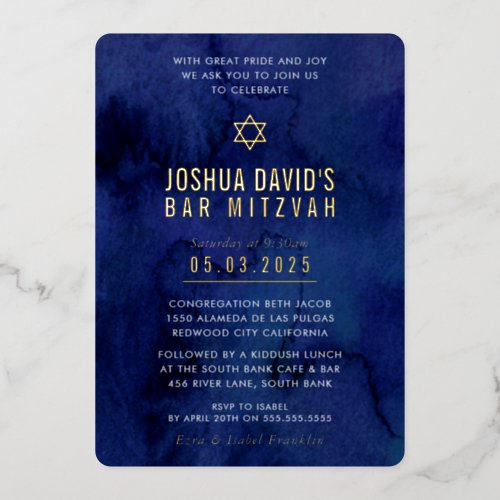 BAR MITZVAH modern minimal dark blue watercolor Foil Invitation