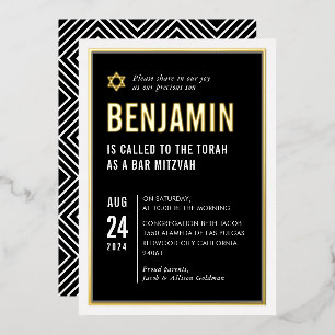 BAR MITZVAH modern minimal geometric black white Foil Invitation