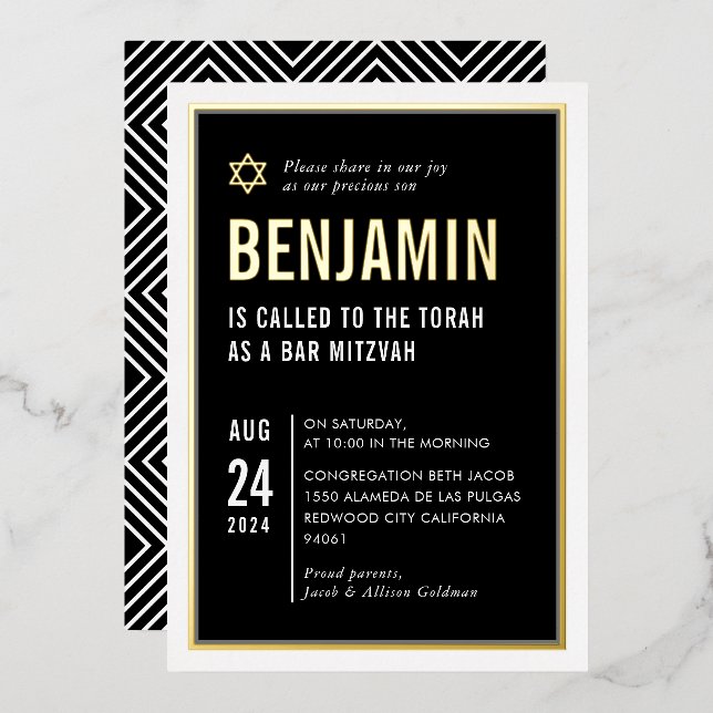 BAR MITZVAH modern minimal geometric black white Foil Invitation (Front/Back)