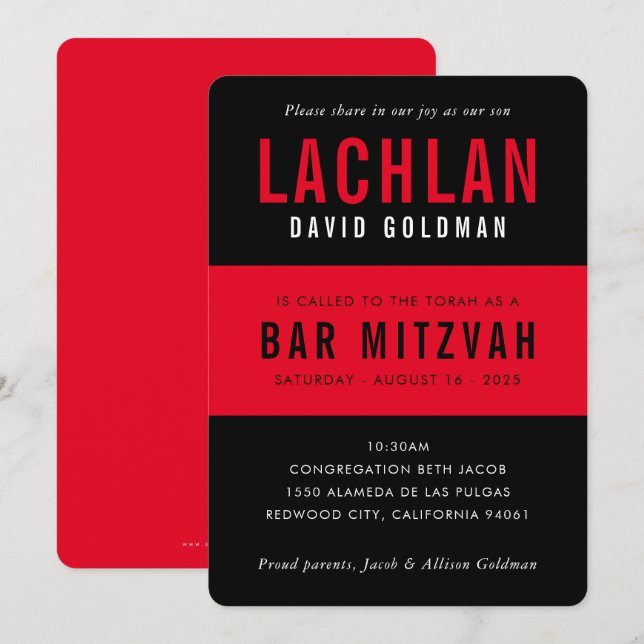 BAR MITZVAH modern minimal plain banded black red Invitation (Front/Back)