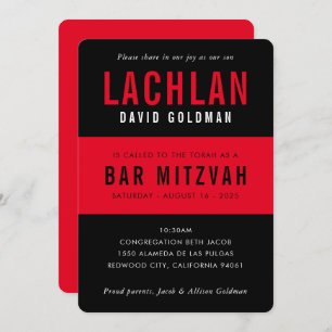 BAR MITZVAH modern minimal plain banded black red Invitation