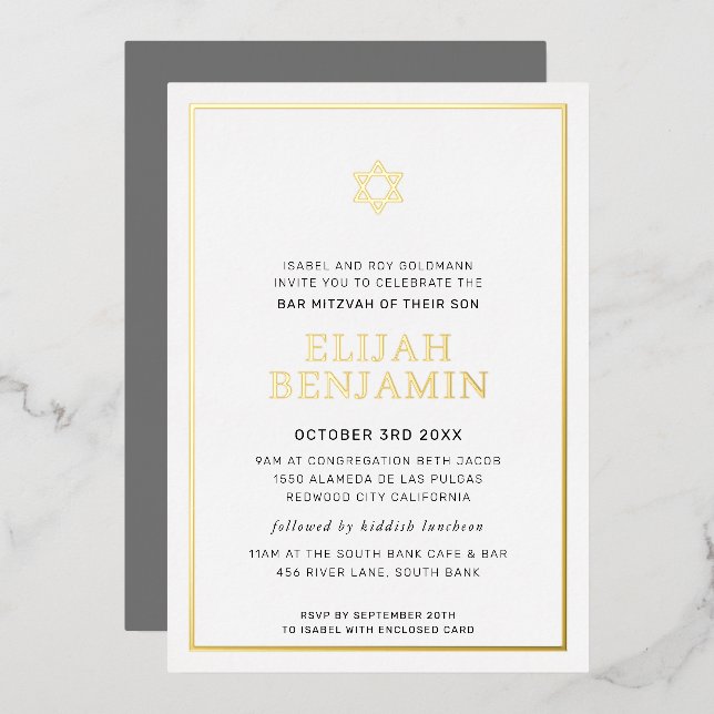 BAR MITZVAH modern minimal star border boy gray Foil Invitation (Front/Back)